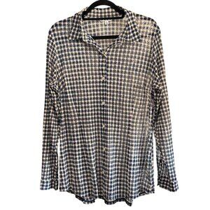 Cabi Womens XL Blue & Cream Long Sleeve Button-Up Blouse Sheer Checked Pattern